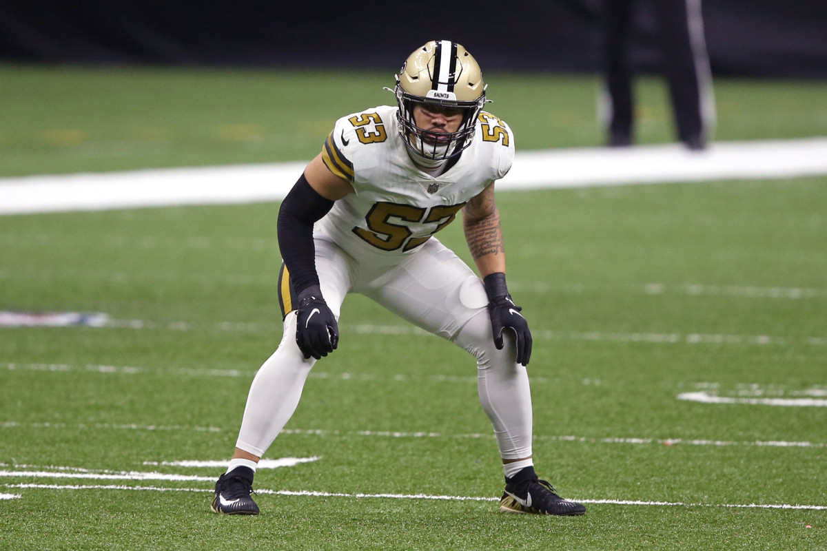 New Orleans Saints linebacker Zack Baun (53) on the kickoff return team.